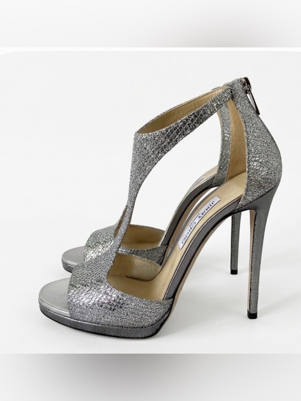 Jimmy Choo Lana 100 Silver Glitter Fabric T-Bar Platform Sandals Heel Size 42